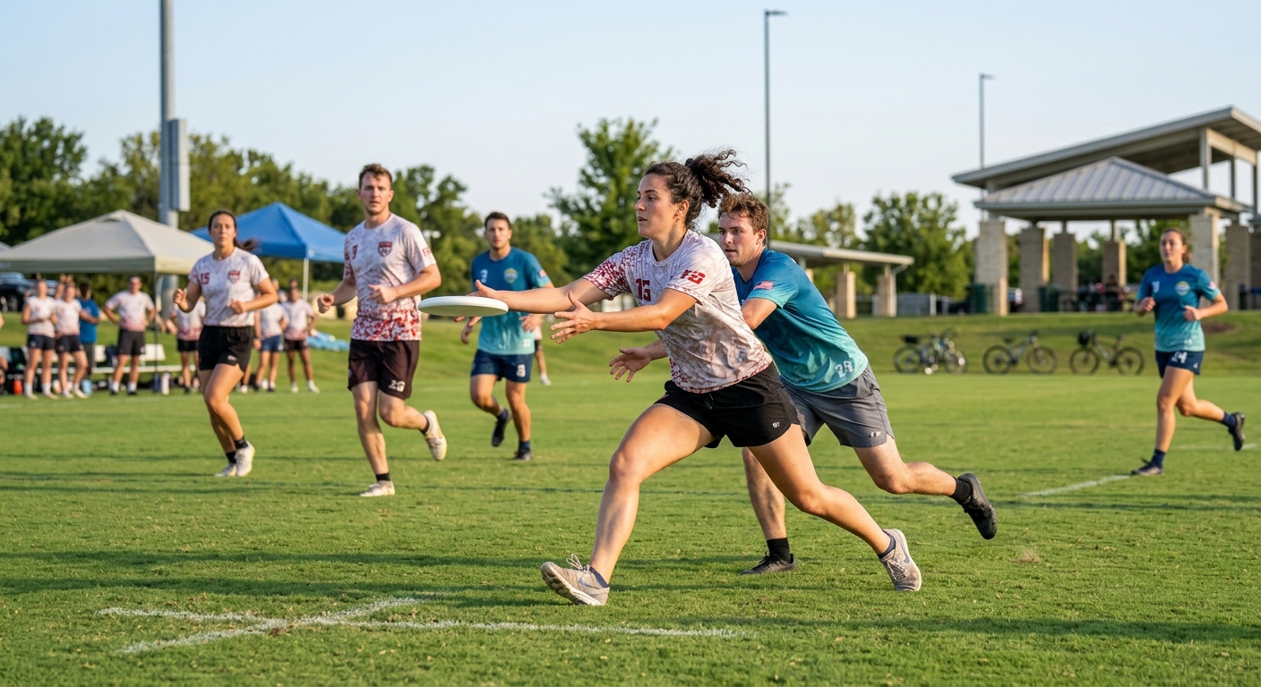 A CSRA Ultimate player reaching out to catch the disc as a defender closes in